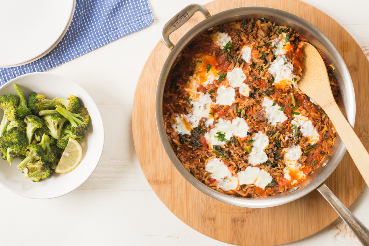 Kale, Sausage, and Mozzarella Baked Orzo