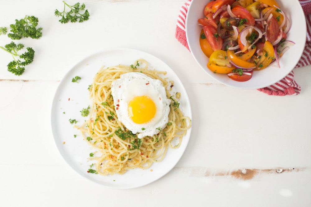 Zucchini Noodles with Anchovies and Fried Eggs