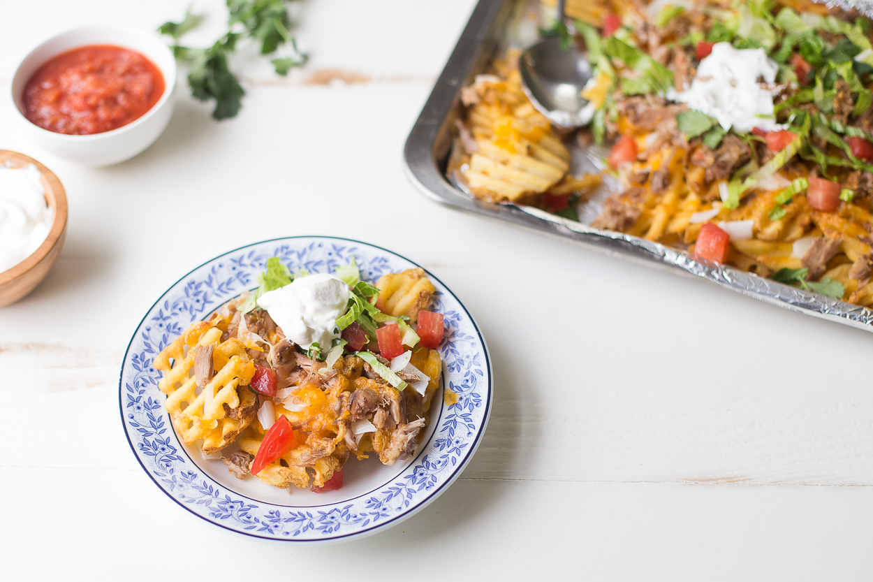 Leftover Carnitas Waffle Fry "Nachos" 
