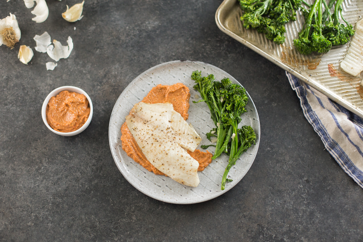 Roasted Tilapia with Eggplant and Red Pepper Pesto