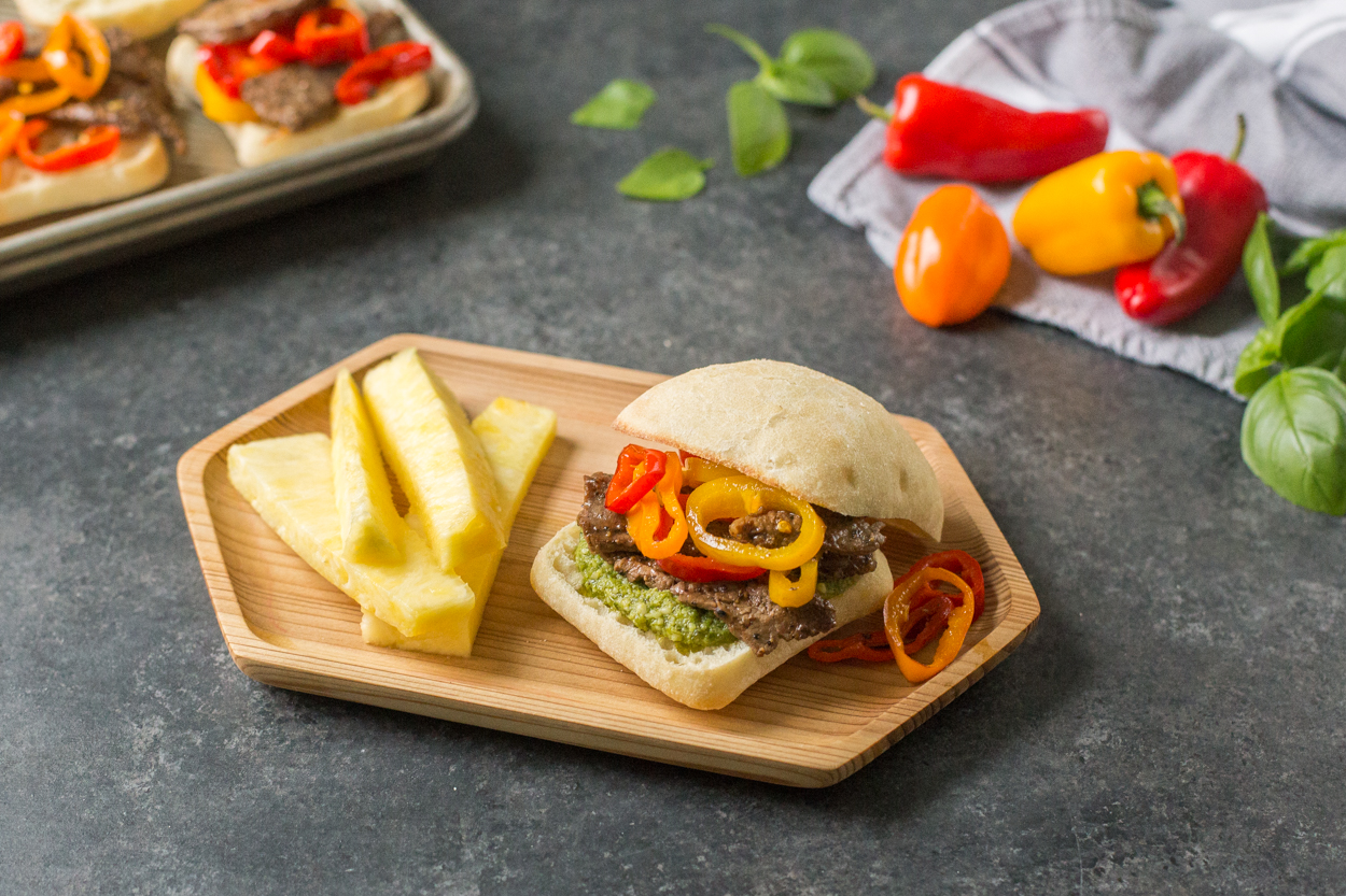 Skirt Steak with Peppers, Onions, and Pesto