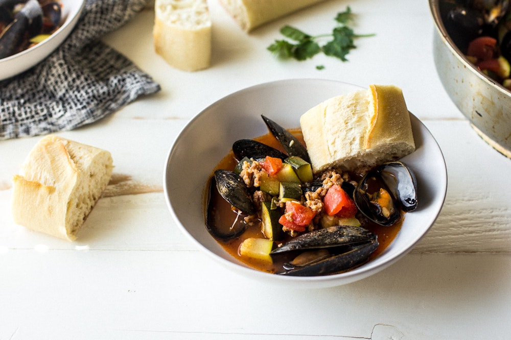 Cajun Mussels with Sausage and Zucchini