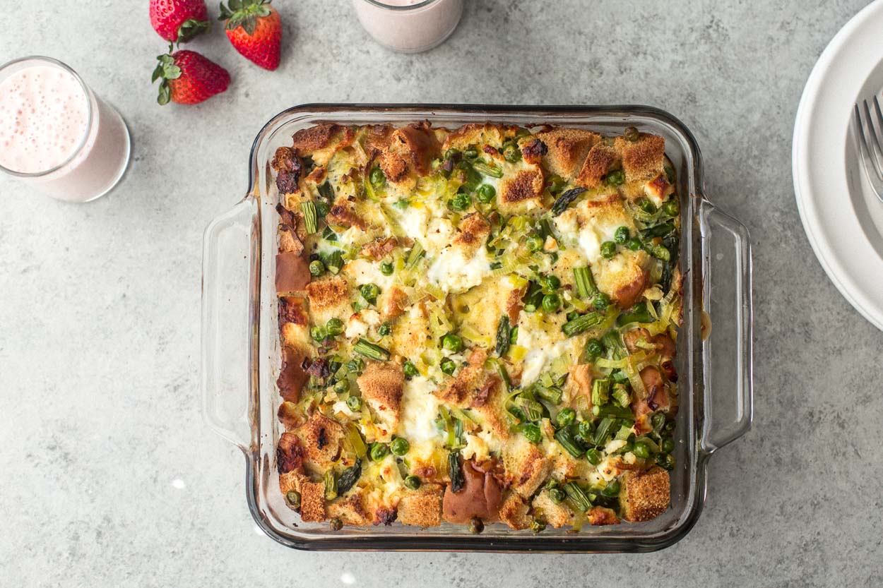 Burger Bun Strata with Leeks and Asparagus
