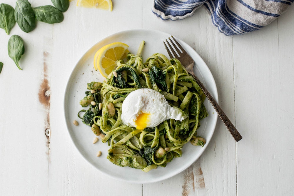Pesto Fettuccine with Poached Egg 