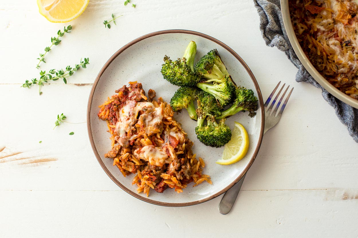Sausage and Cheese Baked Orzo 