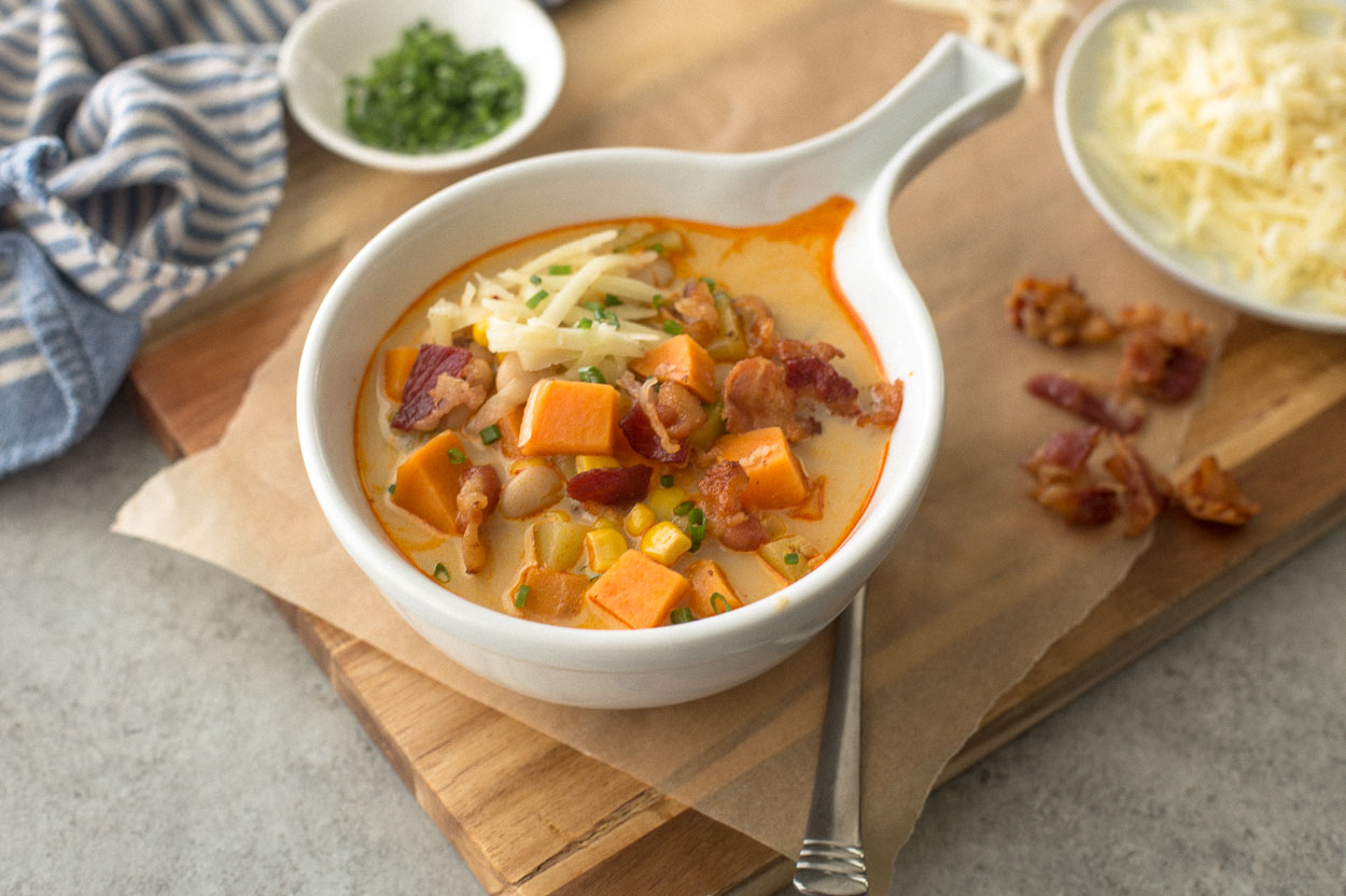 Southwestern Corn, Sweet Potato, and White Bean Chowder
