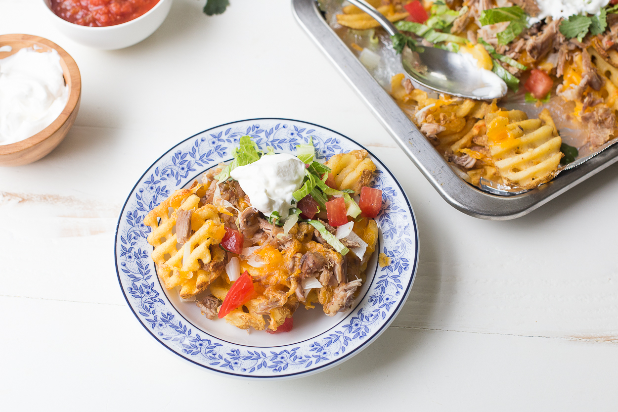 Leftover Carnitas Waffle Fry "Nachos" 
