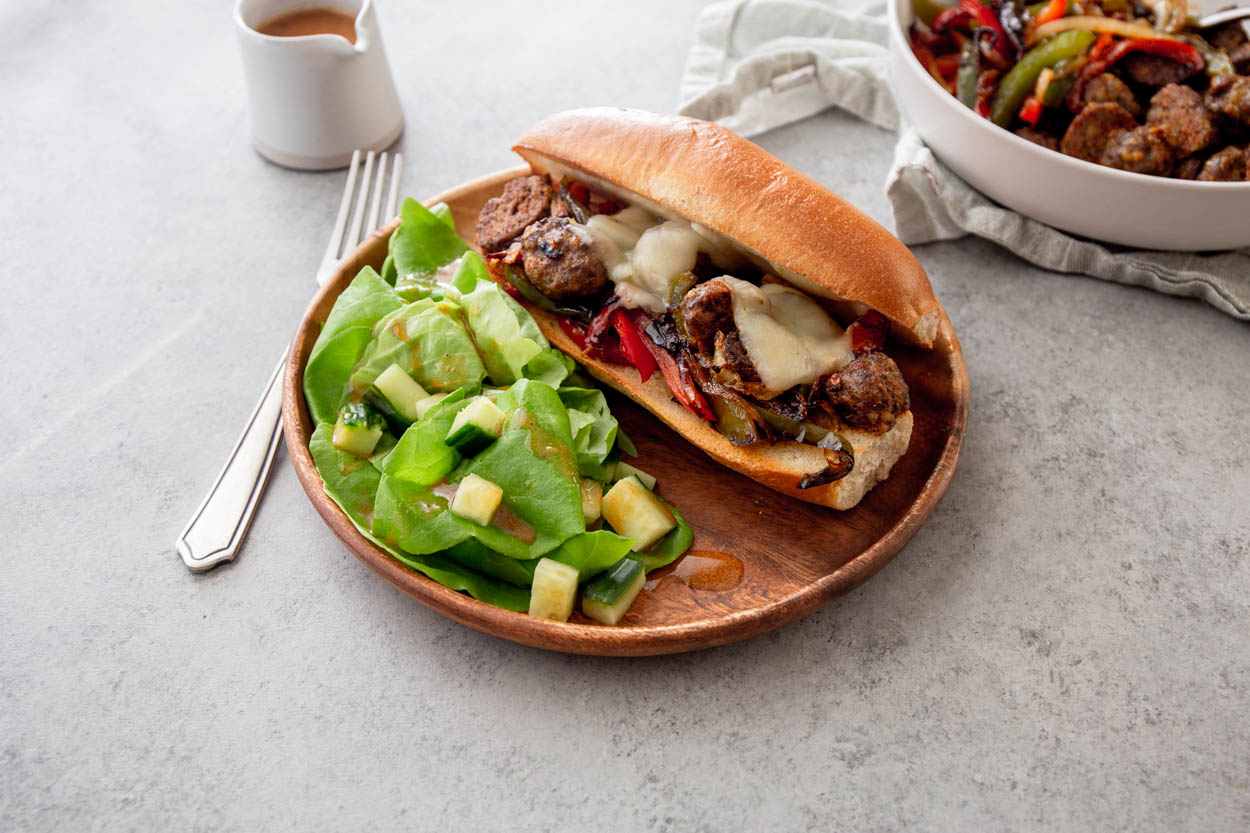 Cajun Meatball Sub with Peppers, Onions, and Cheese