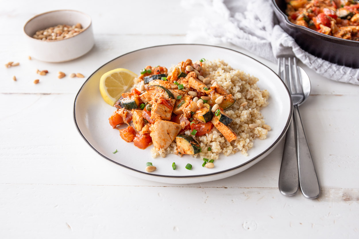 Mediterranean Rotisserie Chicken and Vegetable Saute