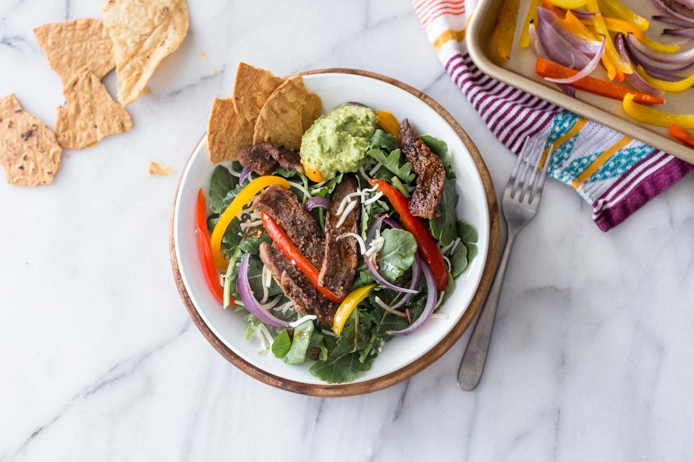 Sheet Pan Steak Fajita Salad with Baby Kale