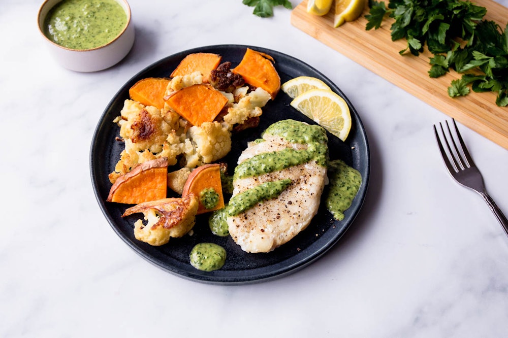 Sheet Pan Roasted White Fish with Chimichurri 