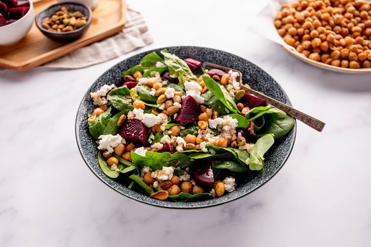 Spinach Salad with Beets, Chickpeas, and Goat Cheese