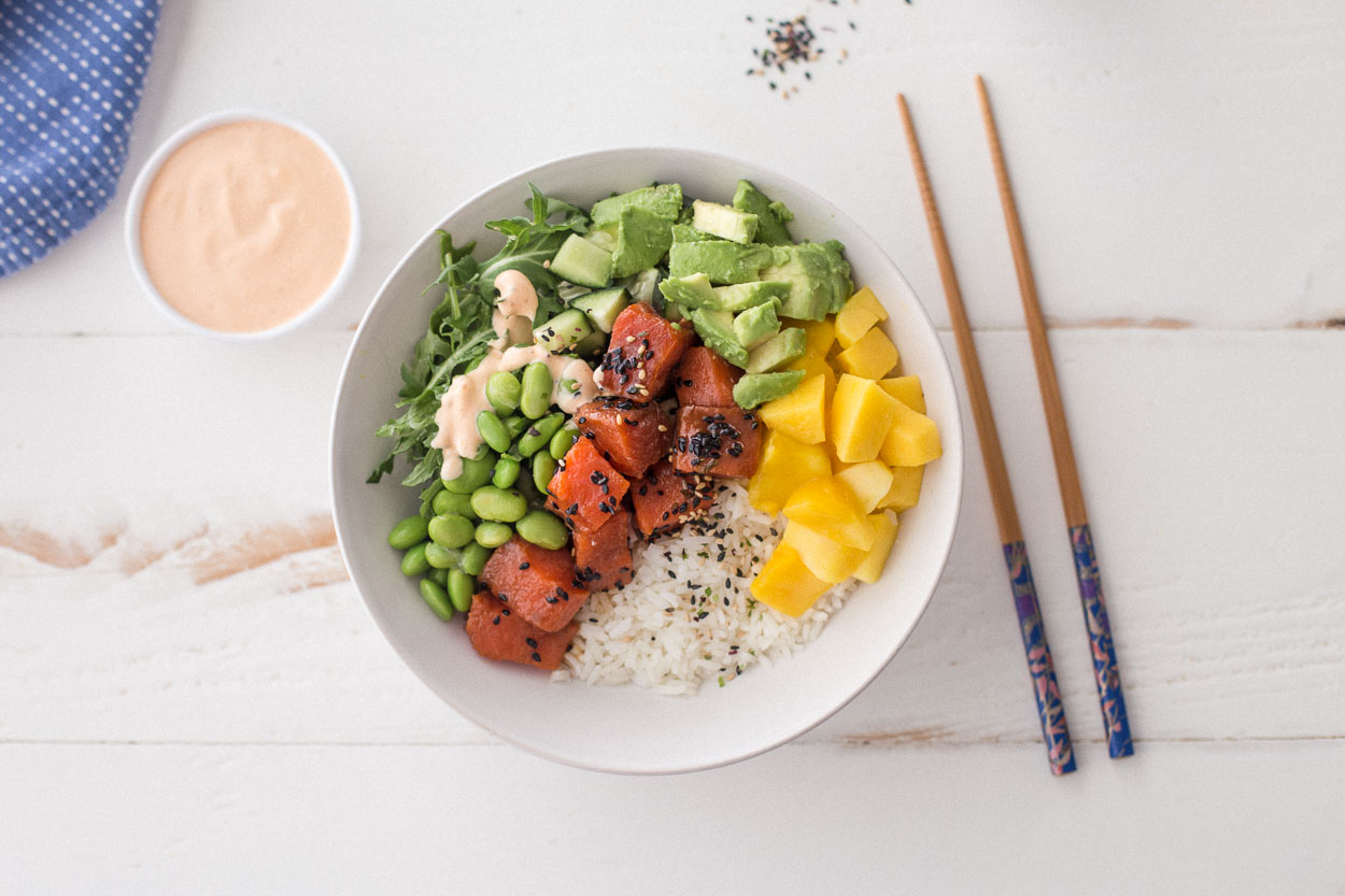 Mango and Cucumber Salmon Poke Bowl