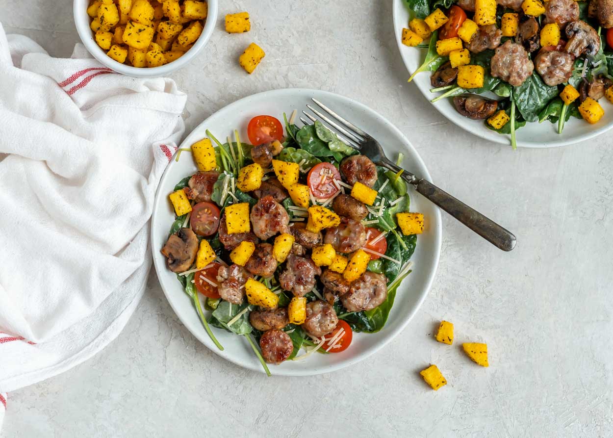 Kale Salad with Sheet Pan Sausage and Mushrooms