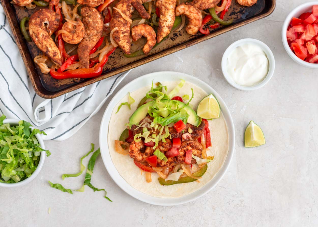 Sheet Pan Chicken and Shrimp Fajitas