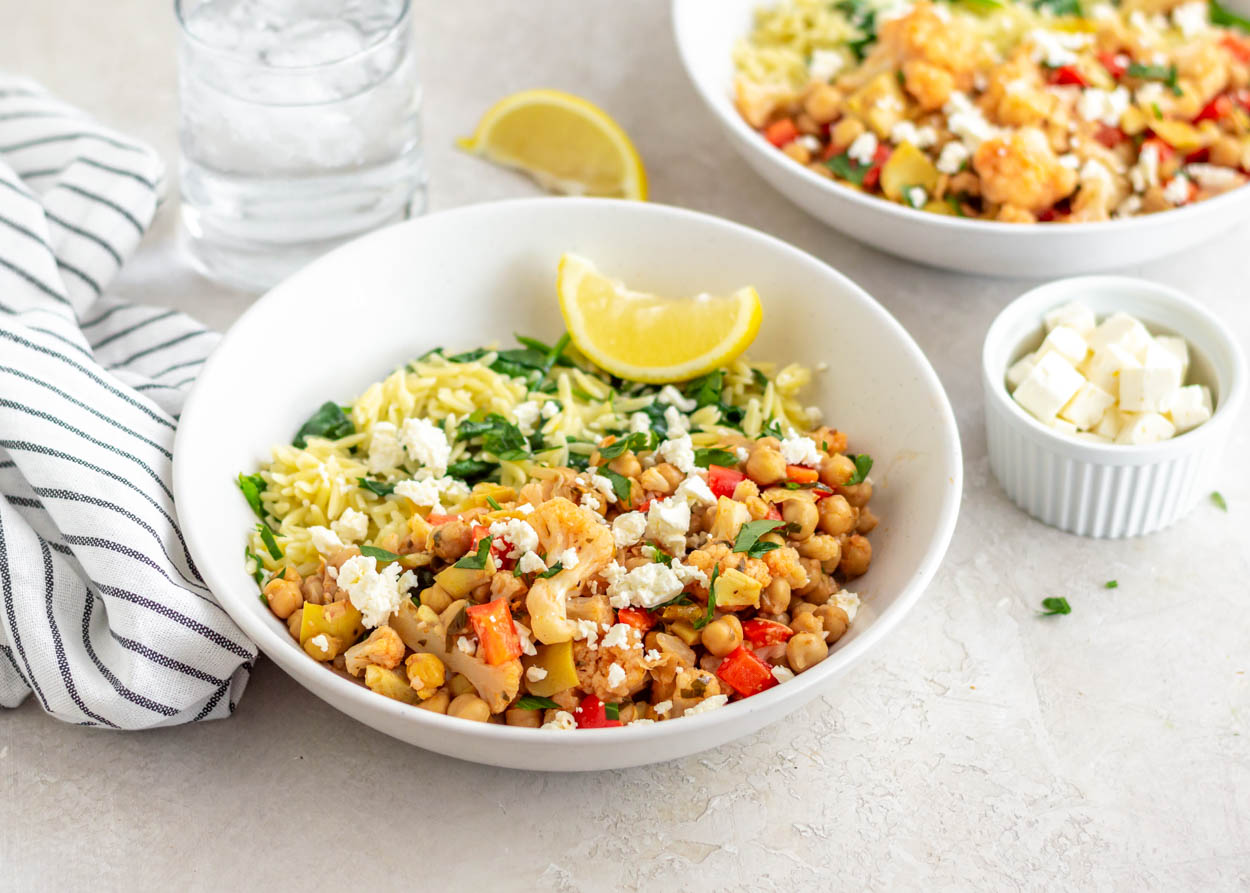Greek Chickpeas over Lemon Orzo