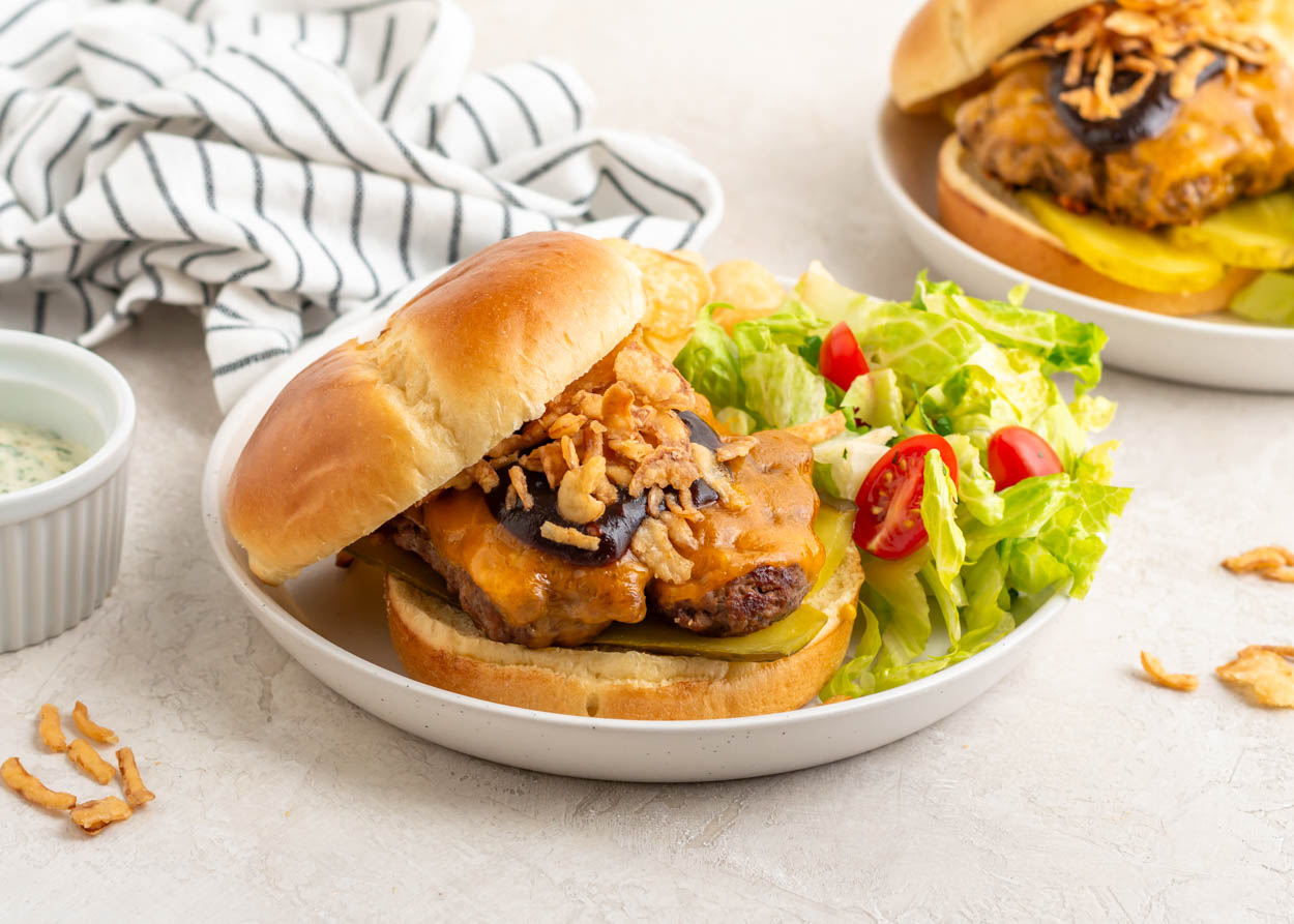 BBQ Cheddar Burger with Crispy Onions