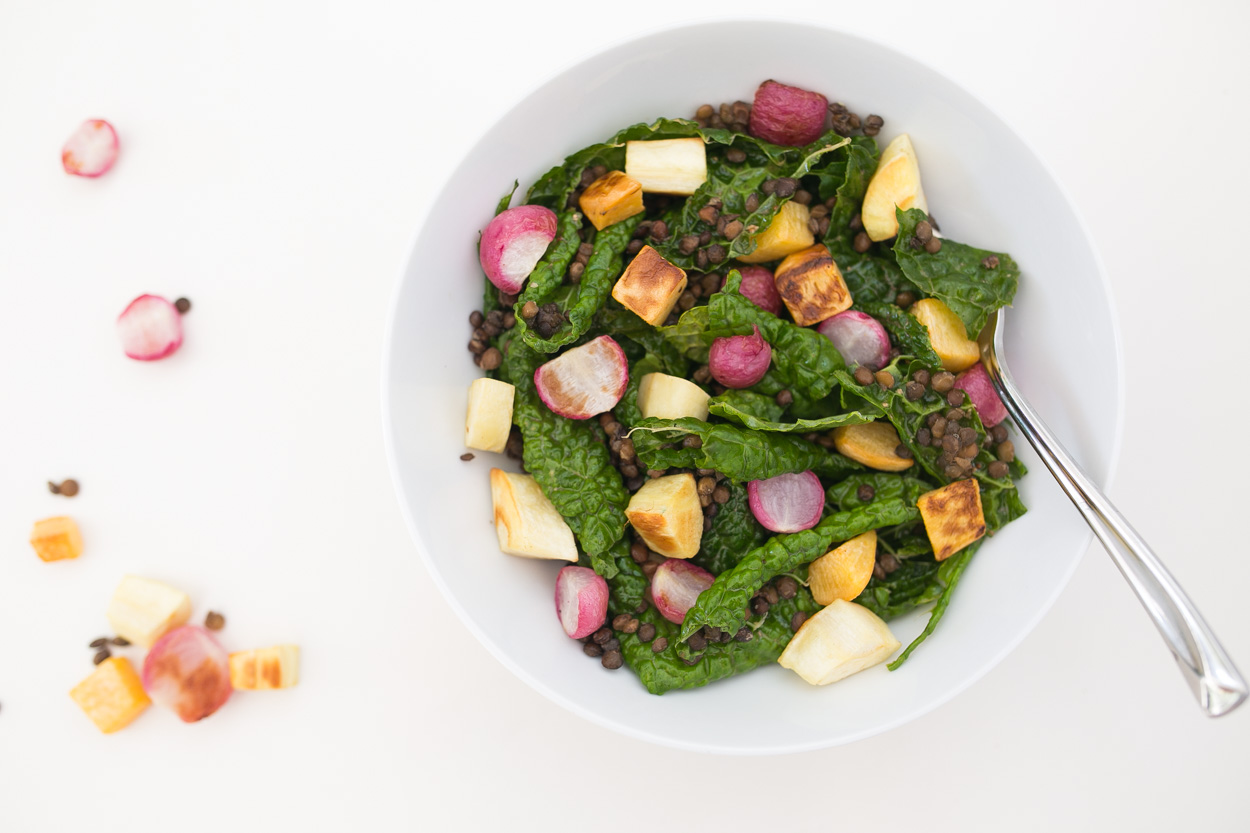 Kale Salad with Roasted Root Veggies and Lentils