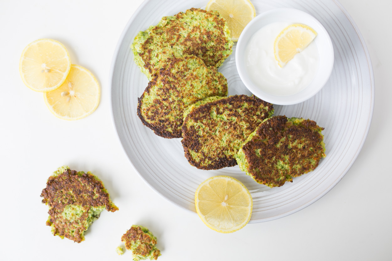Pan-Fried Broccoli Fritters with Garlic-Lemon Yogurt