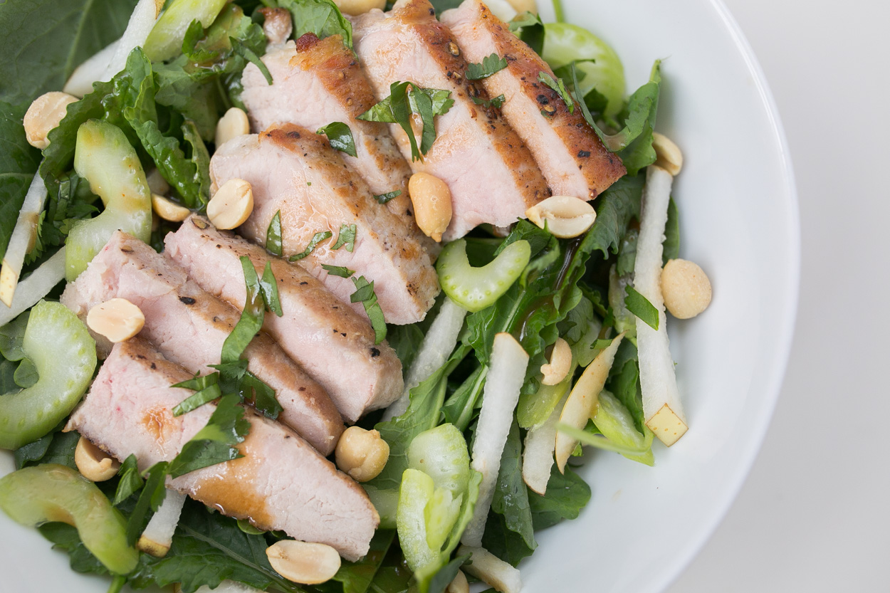 Asian Kale Salad with Seared Pork Chops