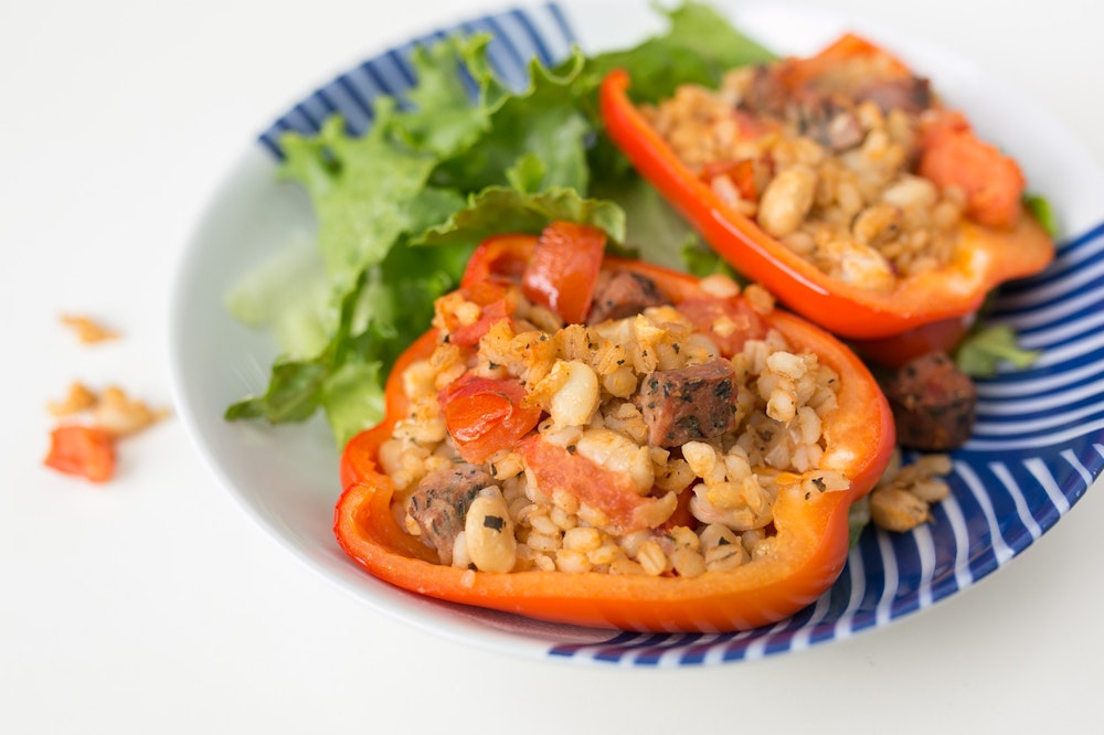 Mirepoix and Leftover Barley Stuffed Peppers