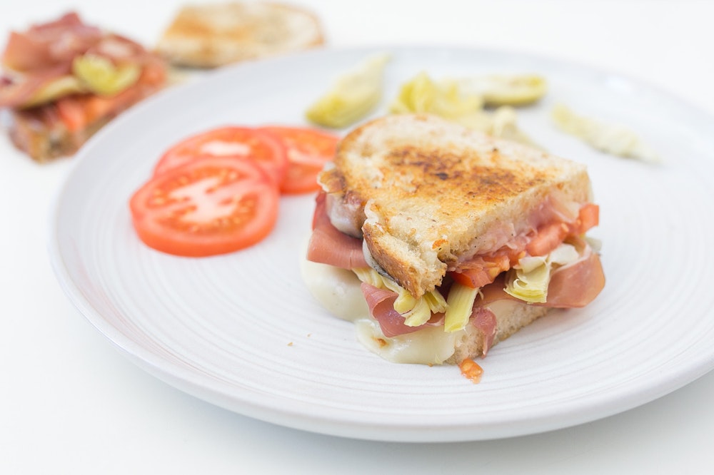 Mediterranean Grilled Cheese with Prosciutto, Artichokes, and Tomatoes