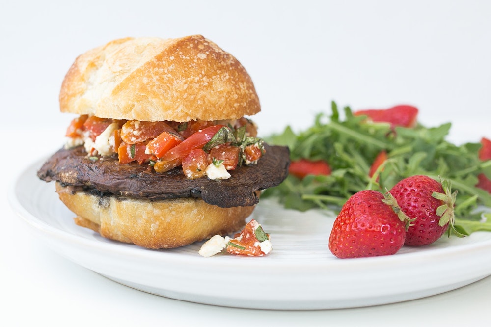 Grilled Portobello Burger with Roasted Red Pepper & Feta Salsa