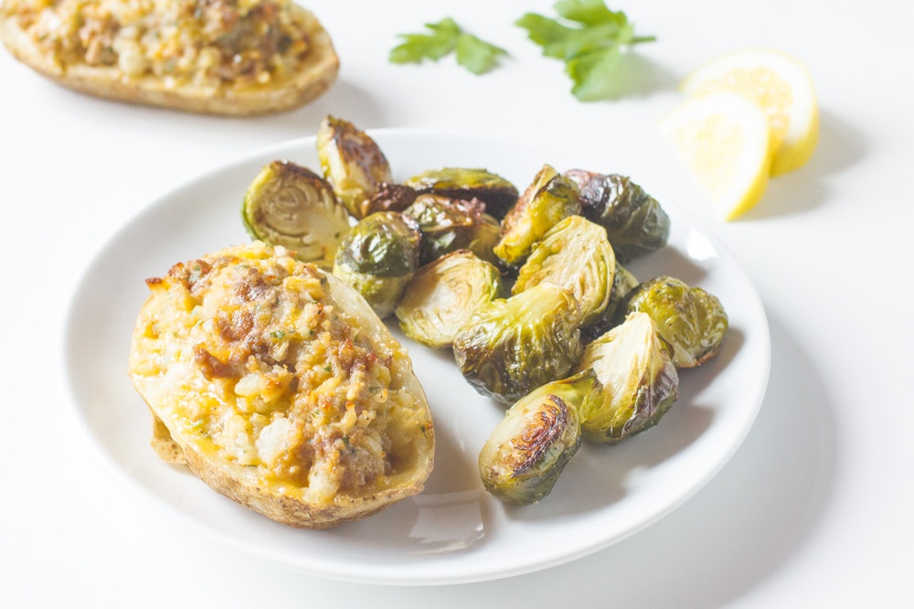 Twice-Baked Sweet Potatoes with Sausage and Greens