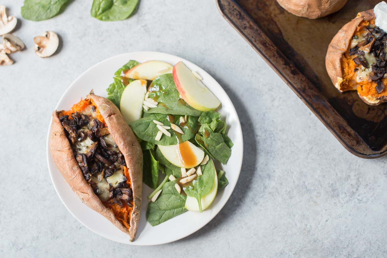 Baked Sweet Potatoes with Mushrooms and Swiss Cheese