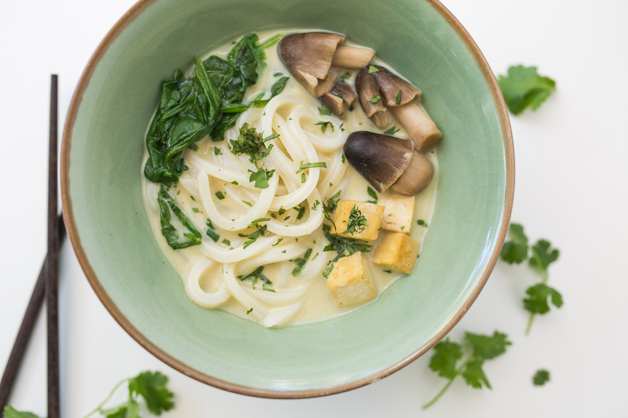Tofu and Udon Noodles in Green Curry Soup